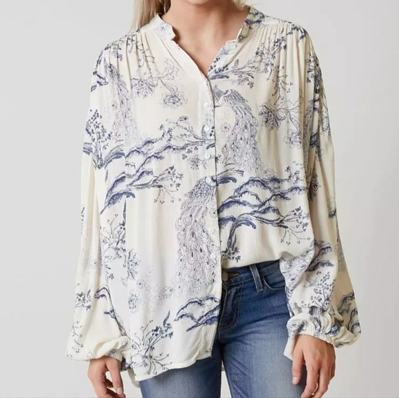 Free People Ivory and Blue Patterned Blouse - Picture 2 of 9
